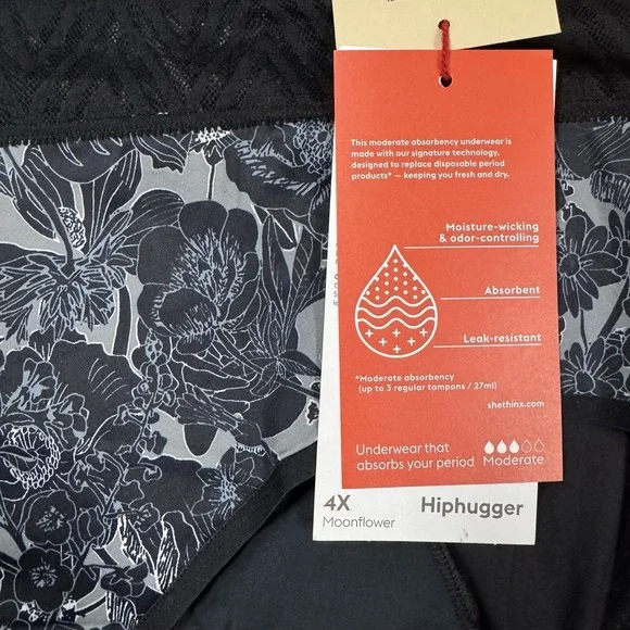 Thinx Hiphugger Leakproof Period Panties Size 4X Black Floral NWT - Picture 4 of 5